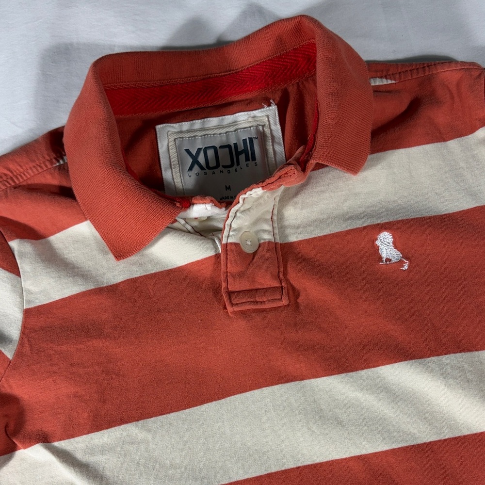 XOCHI mens burnt orange beige horizontal stripe short sleeve polo shirt - size M